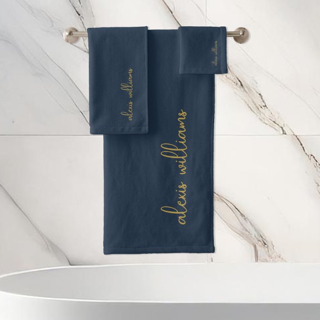 Blue Gold Minimalist Script Signature Monogram Bath Towel Set (Creator Uploaded)