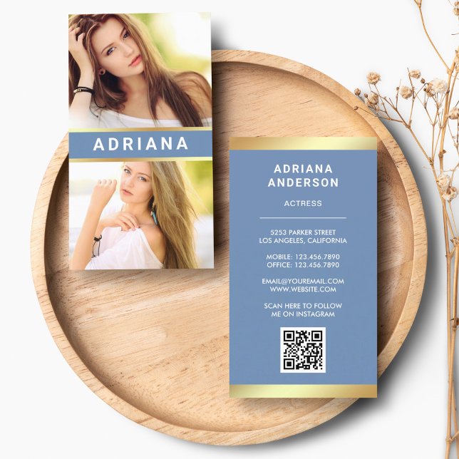 Blue Gold Model Actress QR Code 2 Photo Collage Business Card (Creator Uploaded)