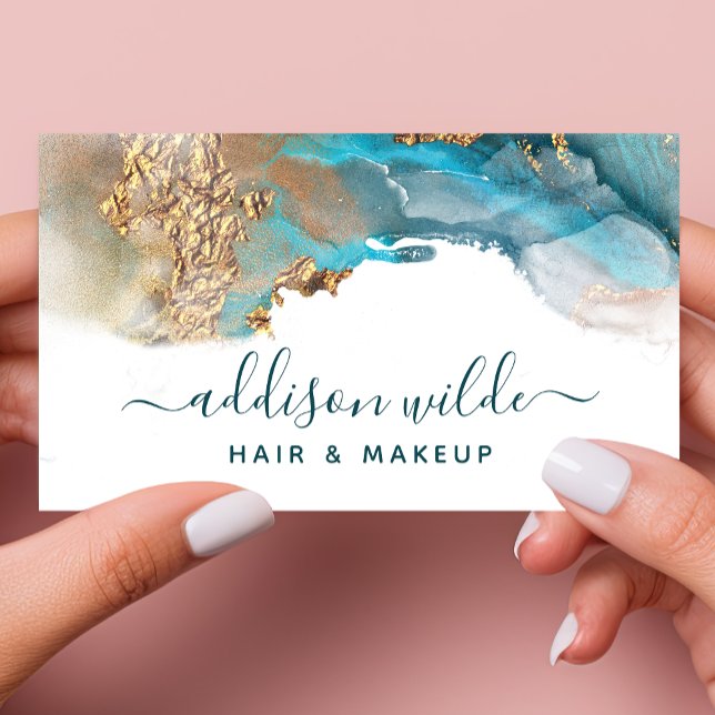 Blue Gold Modern Art Liquid Watercolor Ink QR Code Business Card (Creator Uploaded)