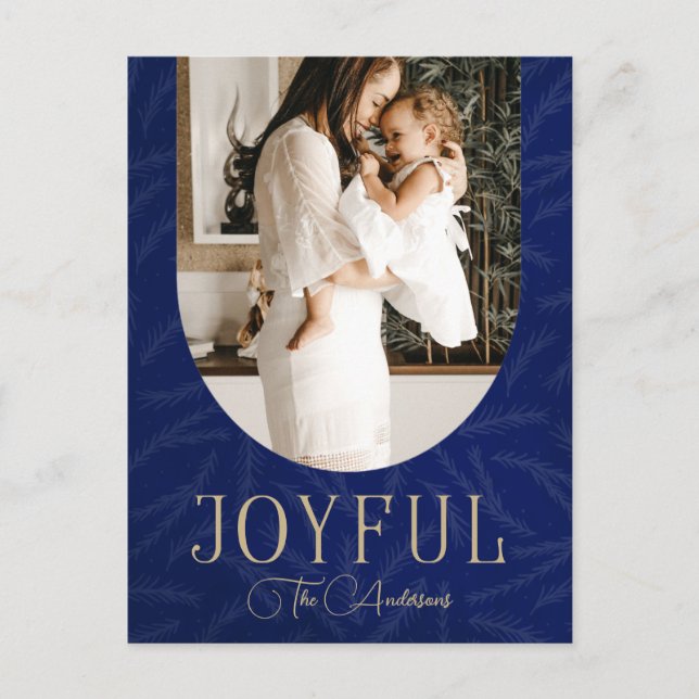 Blue Gold Modern Botanical Arch Joyful Photo  Holiday Postcard (Front)