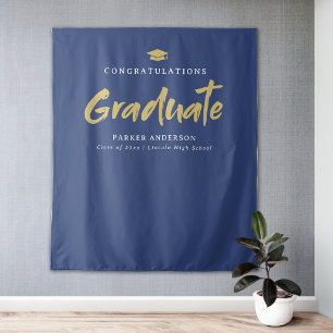 Blue Gold Modern Brush Script Graduation Party Tapestry