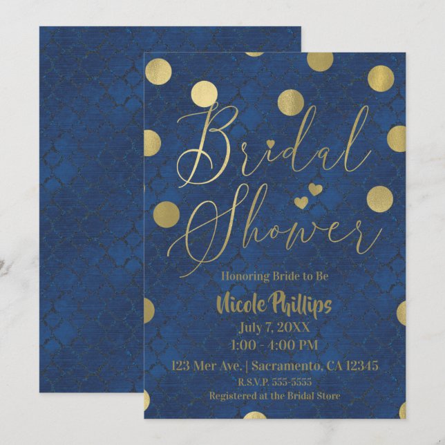 Blue & Gold Modern Chic Glam Bridal Shower Invitation (Front/Back)