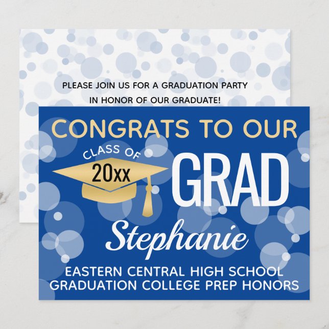 Blue Gold Modern Confetti Bokeh Bubbles Graduation Invitation (Front/Back)