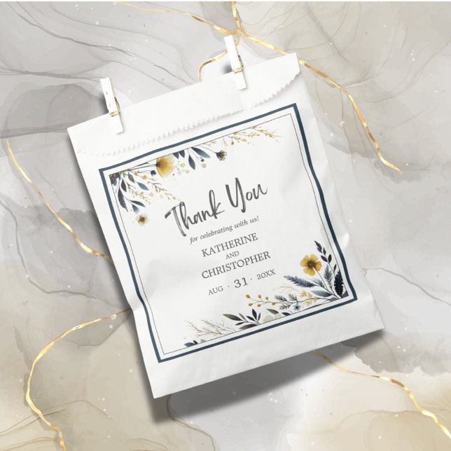 Blue Gold Modern Elegant Floral Wedding Favour Bag (Blue Yellow Wildflower Floral Elegant Wedding Favor Thank You Bag.)