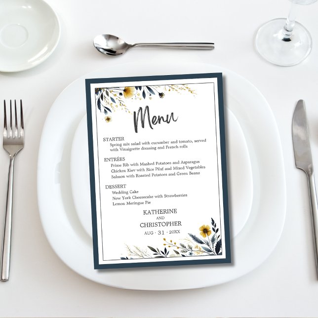 Blue Gold Modern Elegant Floral Wedding Menu (Blue Gold Floral Elegant Wedding Menu with entree and dessert options.)