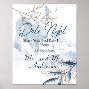 Blue Gold Modern Floral Elegant Date Night Sign