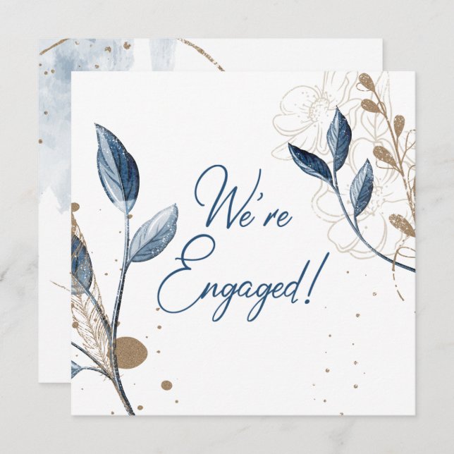 Blue Gold Modern Floral Elegant Glitter Engagement (Front/Back)