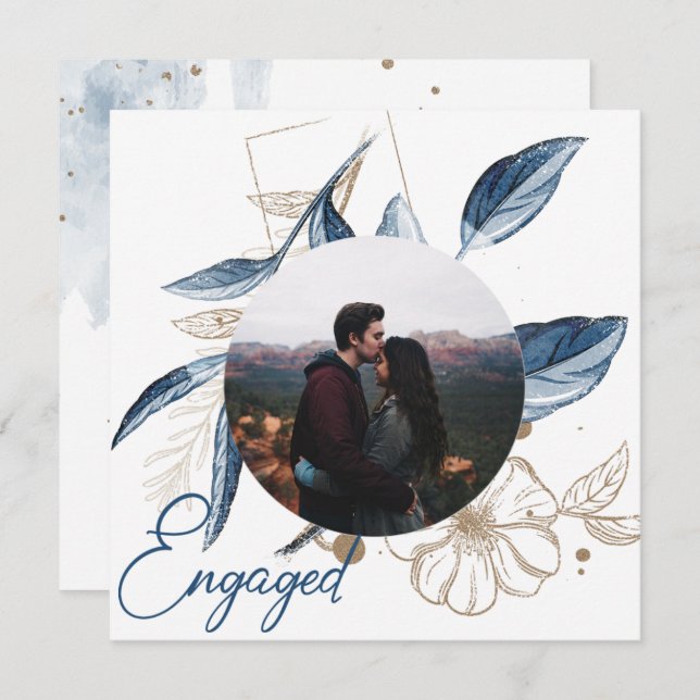 Blue Gold Modern Floral Elegant Glitter Engagement (Front/Back)