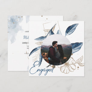 Blue Gold Modern Floral Elegant Glitter Engagement