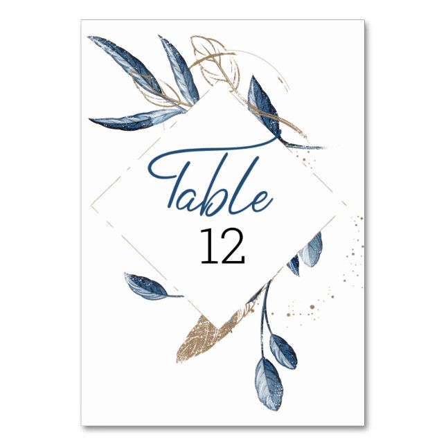 Blue Gold Modern Floral Elegant Wedding Table Number (Front)