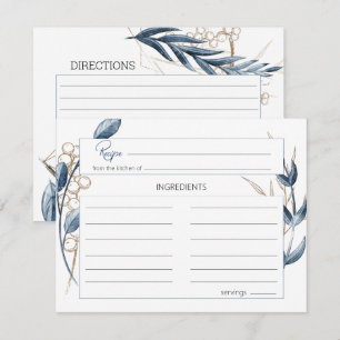 Blue Gold Modern Floral Wedding Recipe Card