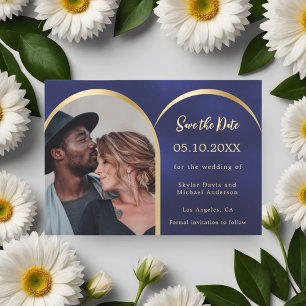 Blue gold modern photo arch wedding save the date