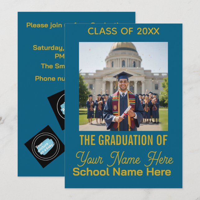 Blue Gold Modern Photo Class Graduation Invitation (Front/Back)