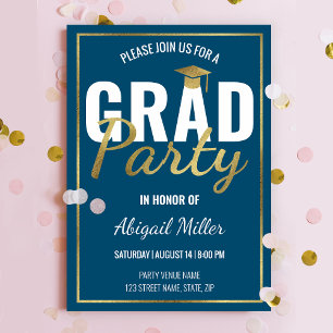 Blue & Gold Modern Script Graduation Party Invitation