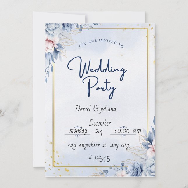 Blue Gold Modern wedding party invitation card (Front)