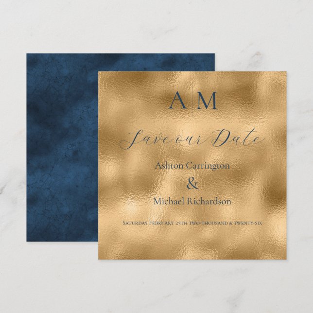 Blue Gold Monogram Modern Wedding  Save The Date (Front/Back)