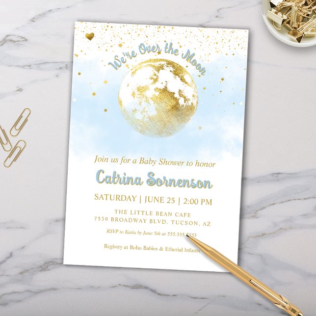 Blue Gold Moon and Stars Celestial Baby Shower Invitation (Elegant Blue and Gold Over the Moon Theme Baby Shower Invitation)
