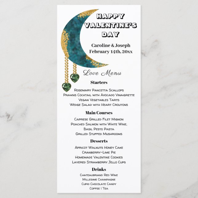 Blue Gold Moon Green Heart Jewels Valentine’s Day Menu (Front)