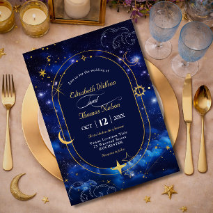 Blue gold moon mystic celestial astronomy wedding invitation