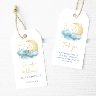 Blue gold moon stars baby shower thank you tags