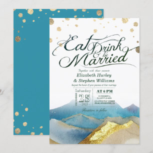Blue Gold Mountains EAT Drink & Be Married Wedding Invitation