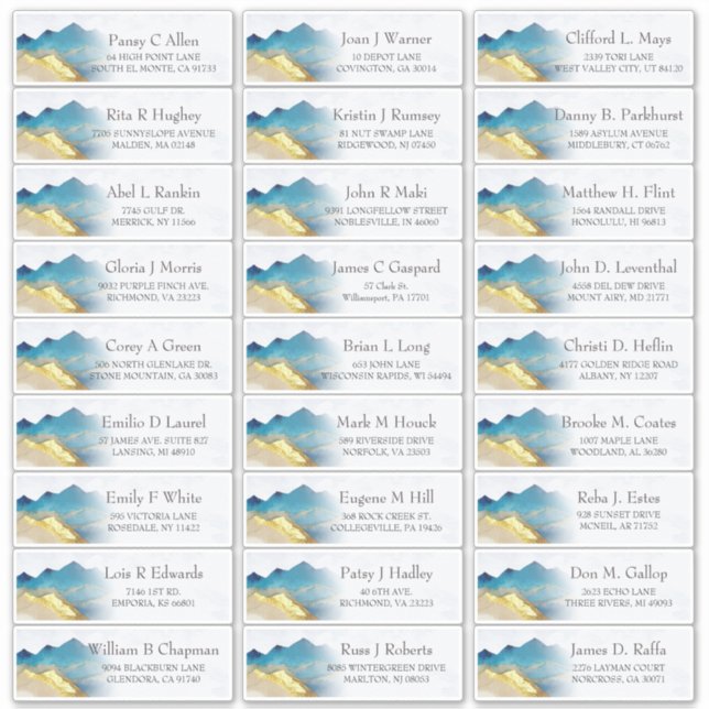 Blue Gold Mountains Wedding Guest Address Sticker (Front)