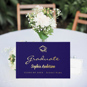Blue gold name script cap Graduation Guest Book