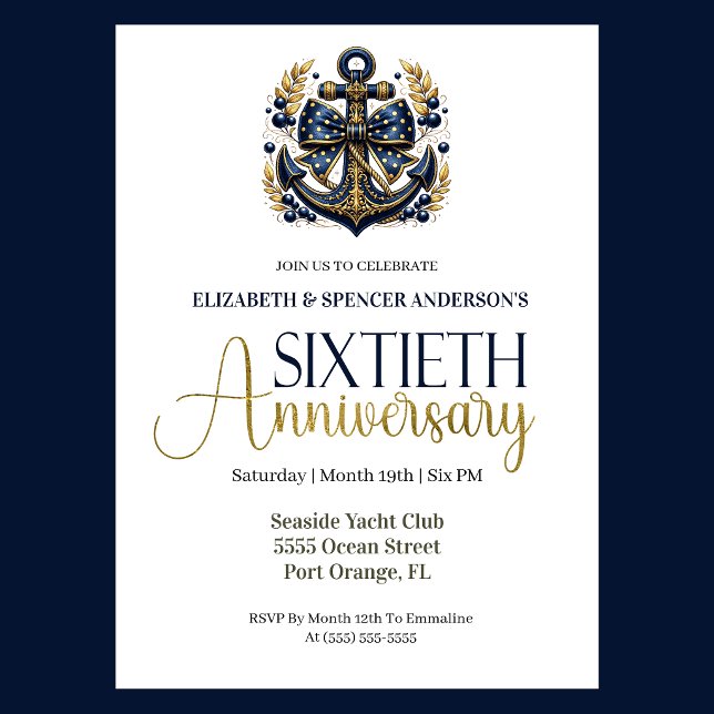 Blue Gold Nautical Anchor 60th Wedding Anniversary Invitation (Navy and gold nautical anchor 60th wedding invitation for girl seaside yacht club theme)