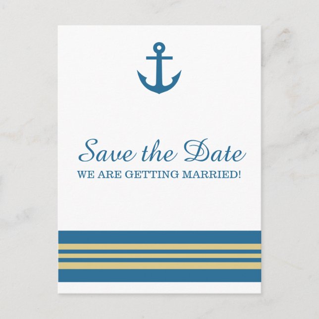 Blue Gold Nautical Anchor Save the Date Postcard (Front)