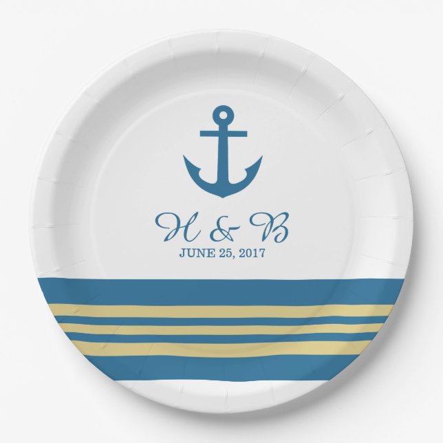 Blue Gold Nautical Anchor Wedding Paper Plates (Front)