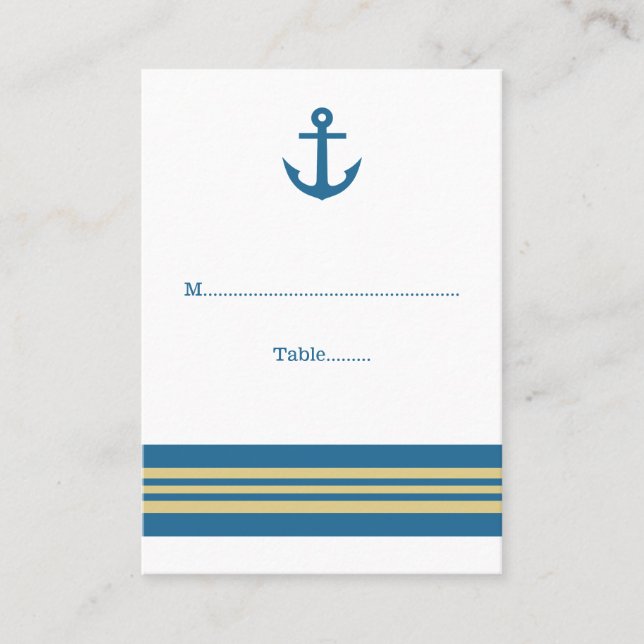 Blue Gold Nautical Anchor Wedding Place Cards (Front)