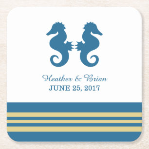 Blue Gold Nautical Seahorse Paper Coasters