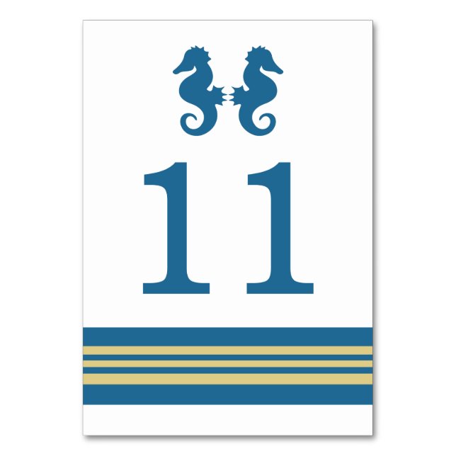 Blue Gold Nautical Seahorse Table Card (Front)