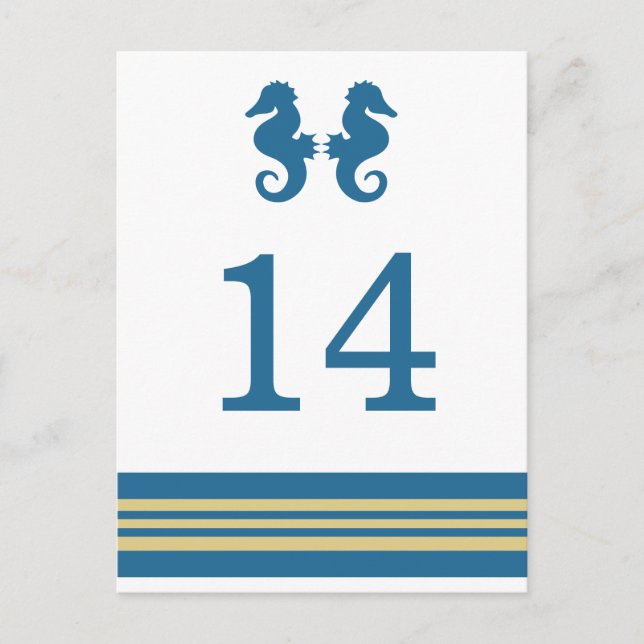 Blue Gold Nautical Seahorse Table Postcard (Front)