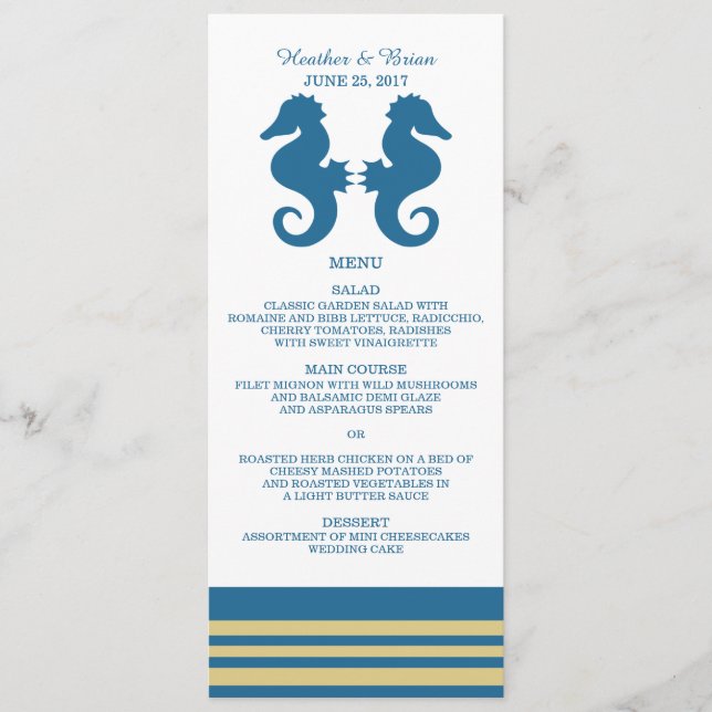 Blue Gold Nautical Seahorse Wedding Menu (Front)