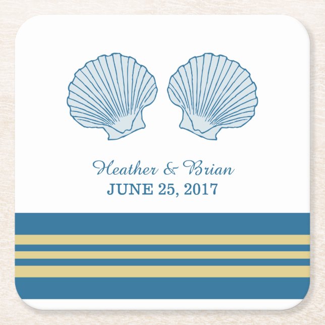 Blue Gold Nautical Seashells Paper Coasters (Front)