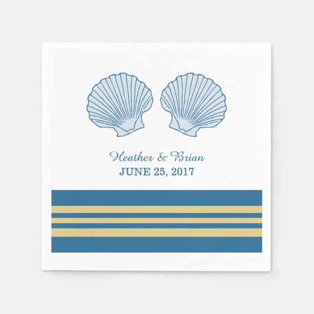 Blue Gold Nautical Seashells Paper Napkins (Front)