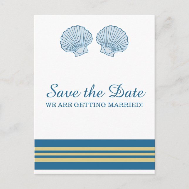 Blue Gold Nautical Seashells Save the Date Announcement Postcard (Front)