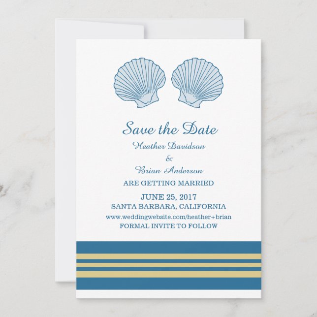 Blue Gold Nautical Seashells Save the Date Invite (Front)