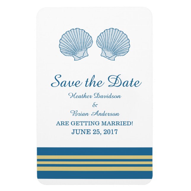 Blue Gold Nautical Seashells Save the Date Magnet (Vertical)