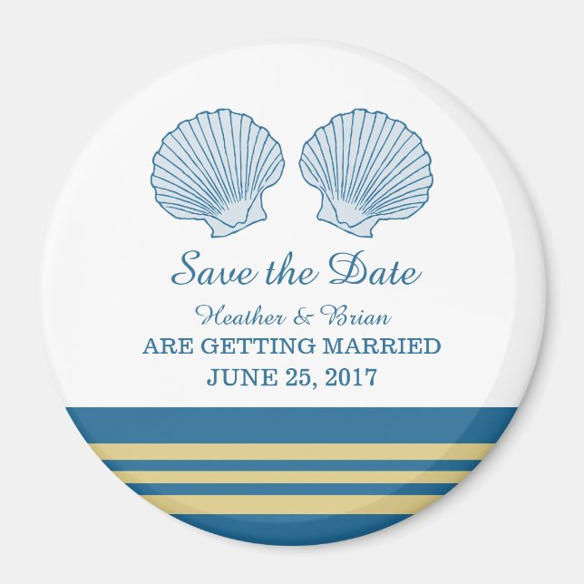 Blue Gold Nautical Seashells Save the Date Magnet (Front)