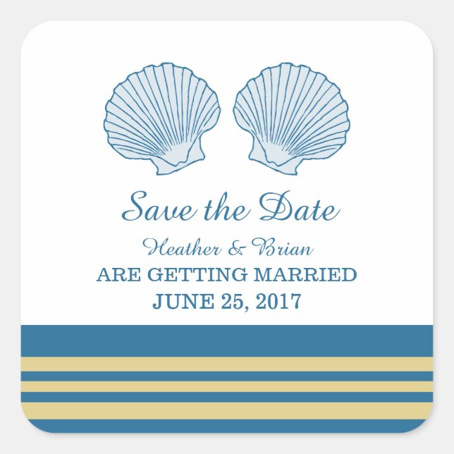 Blue Gold Nautical Seashells Save the Date Square Sticker (Front)
