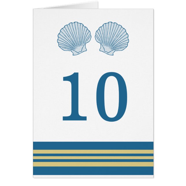 Blue Gold Nautical Seashells Table Number Card (Front)