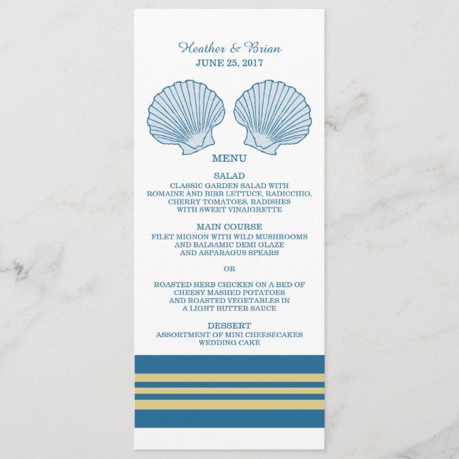 Blue Gold Nautical Seashells Wedding Menu (Front)