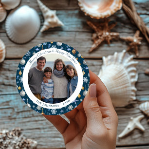 Blue & Gold Nautical Snowflakes Christmas Photo Classic Round Sticker