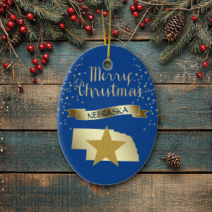 Blue Gold Nebraska Star Ceramic Ornament