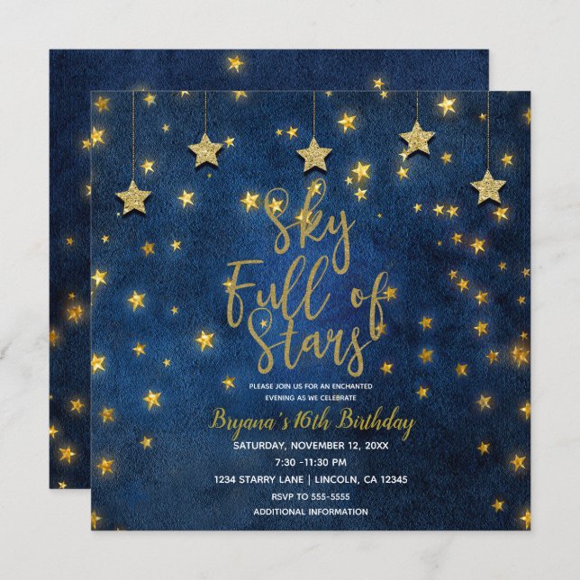 Blue Gold Night Under Sky Full of Stars Celestial Invitation (Front/Back)