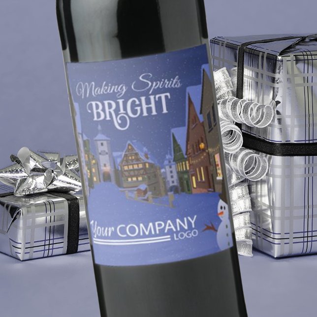 Blue, Gold Nighttime Christmas Old Town Wine Label (company Christmas logo wine labels, corporate holiday stickers, blue bavarian shops old town lights)