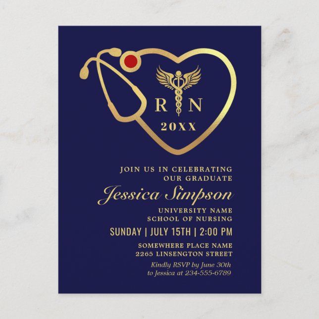 Blue Gold Nursing Graduation Invitation Postcard (Front)