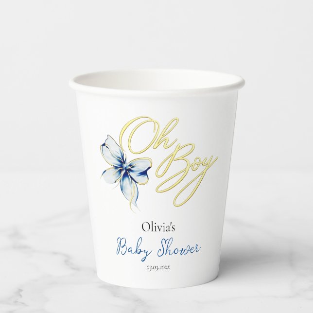 Blue & Gold “Oh Boy” Floral Typography Baby Shower Paper Cups (Back)